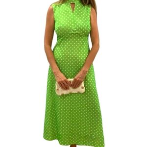 Vintage 70's Lime Green Polka Dot Sleeveless Choker Knit Maxidress
